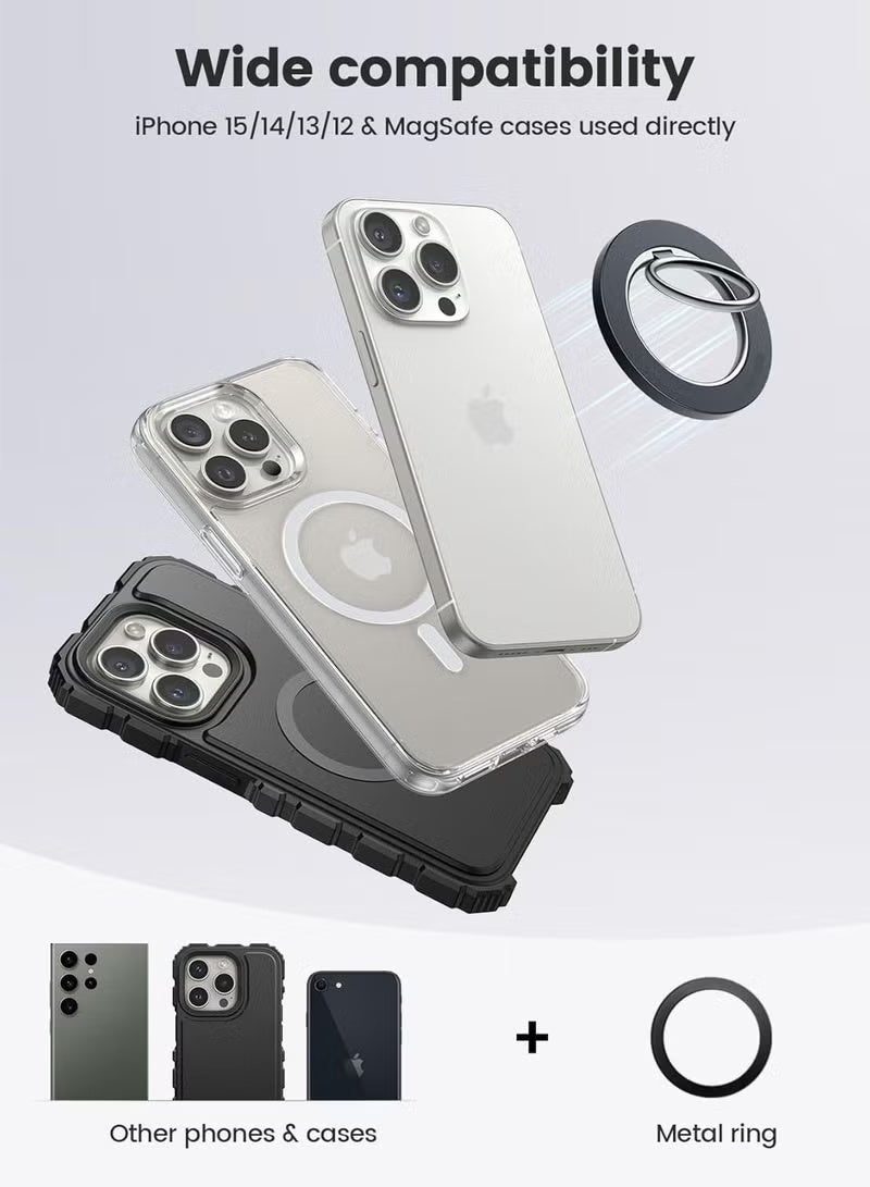 سوبرسو حامل هاتف حلقي مكون من قطعتين متوافق مع MagSafe، حامل مغناطيسي قوي للهاتف، مقاوم للخدش، قابل للتعديل، متوافق مع iPhone 17 و16 و15 و14 و13 و12 وPro وPro Max وMini وPlus، مع حافظات الهواتف المغناطيسية، وأجهزة Android، يُستخدم مع حلقة حديدية (قطعة سوداء وقطعة فضية). - Image 5
